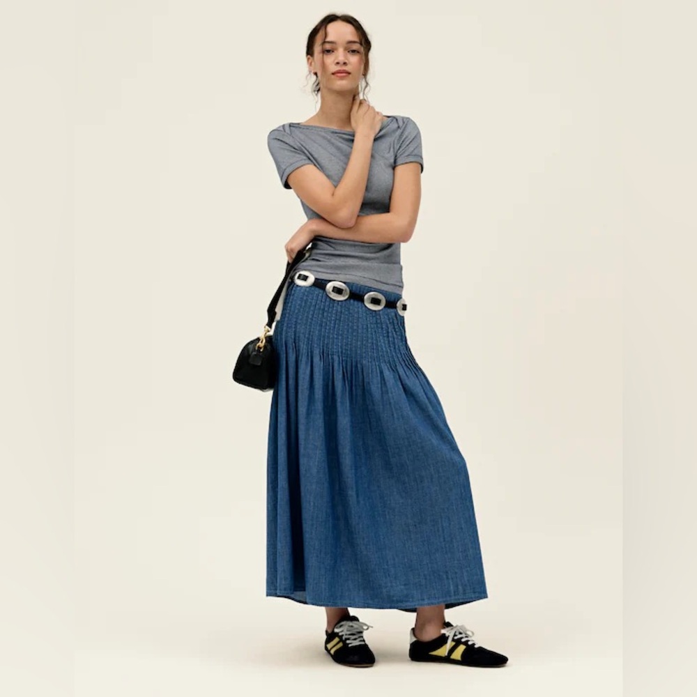 NWT Madewell Denim Pintuck Midi Skirt in Cowboy Blue